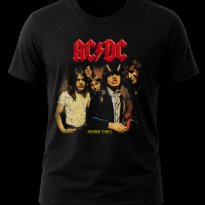 Frente de playera negra de AC/DC con la fotografía original del álbum Highway to Hell con Angus Young y Bon Scott.