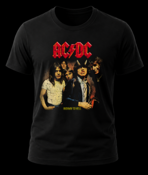 Frente de playera negra de AC/DC con la fotografía original del álbum Highway to Hell con Angus Young y Bon Scott.