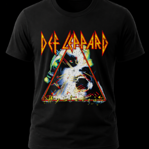 Frente de playera negra de Def Leppard con el diseño clásico e ilustración fragmentada del álbum Hysteria.