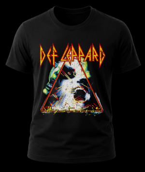 Frente de playera negra de Def Leppard con el diseño clásico e ilustración fragmentada del álbum Hysteria.