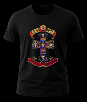 Frente de playera negra de Guns N Roses con el diseño de la cruz de Appetite for Destruction