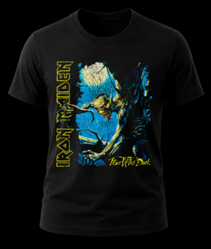 Frente de playera negra de Iron Maiden con la ilustración de Tree Eddie bajo la luna llena y el logo vertical amarillo.