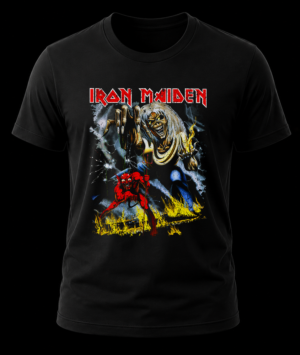 Frente de playera negra de Iron Maiden con la ilustración original del álbum The Number of the Beast con Eddie y el diablo.