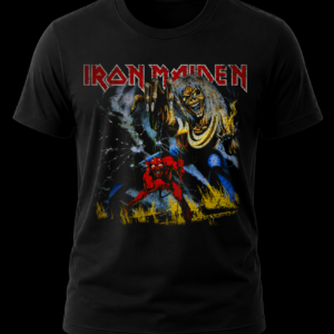 Frente de playera negra de Iron Maiden con la ilustración original del álbum The Number of the Beast con Eddie y el diablo.