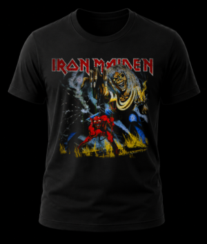 Frente de playera negra de Iron Maiden con la ilustración original del álbum The Number of the Beast con Eddie y el diablo.