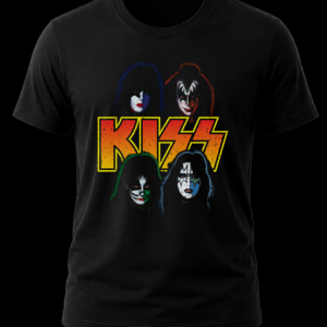 Frente de playera negra de KISS con el logotipo clásico de la banda y los cuatro rostros maquillados de los integrantes originales.