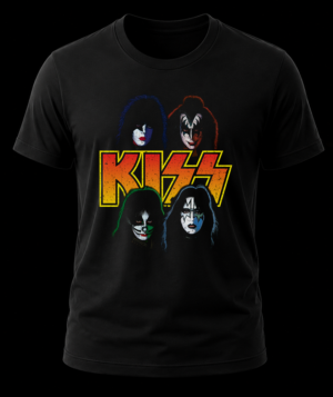 Frente de playera negra de KISS con el logotipo clásico de la banda y los cuatro rostros maquillados de los integrantes originales.