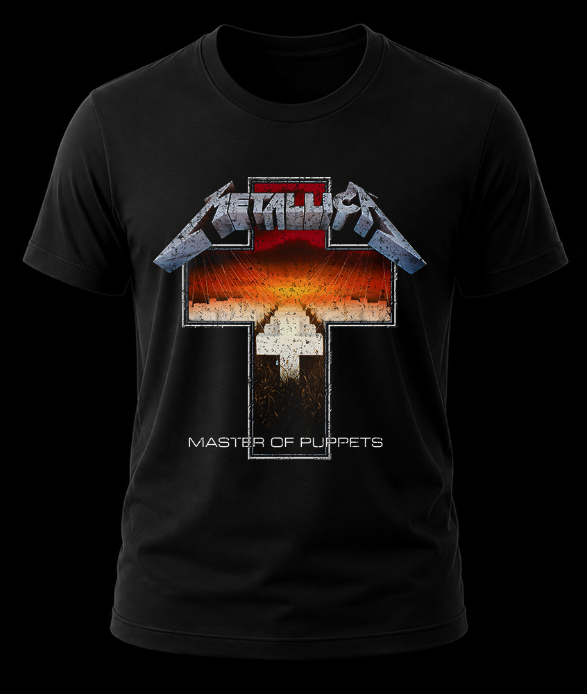 metallica master od puppets 1 Frente de playera negra de Metallica con el diseño del álbum Master of Puppets integrado dentro de una gran cruz metálica.