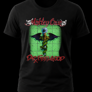 Frente de playera negra de Mötley Crüe con la ilustración original del caduceo y la serpiente verde del álbum Dr Feelgood.