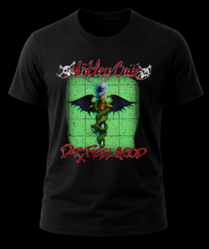 Frente de playera negra de Mötley Crüe con la ilustración original del caduceo y la serpiente verde del álbum Dr Feelgood.