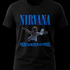 Frente de playera negra de Nirvana con la ilustración original del álbum Nevermind del bebé nadando bajo el agua.