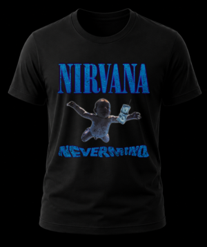 Frente de playera negra de Nirvana con la ilustración original del álbum Nevermind del bebé nadando bajo el agua.