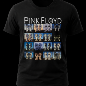 Frente de playera negra de Pink Floyd con el arte conceptual de las cabezas de piedra y metal de The Division Bell en cuadrícula.