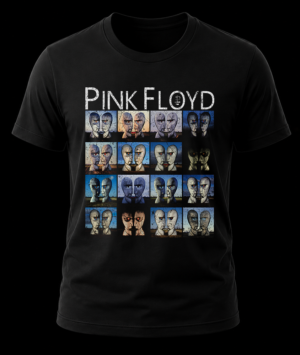 Frente de playera negra de Pink Floyd con el arte conceptual de las cabezas de piedra y metal de The Division Bell en cuadrícula.