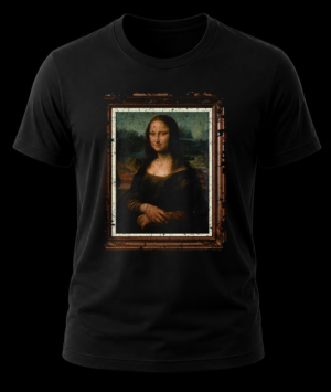 Frente de playera negra con la pintura de la Mona Lisa de Leonardo da Vinci enmarcada en un cuadro vintage.