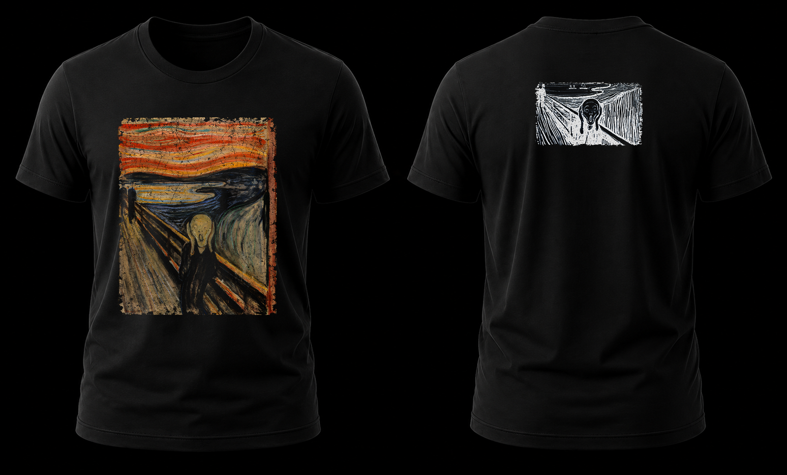 edvard munch the scream 1.1 Vista conjunta frontal y trasera de la playera de Edvard Munch con El Grito a color al frente y grabado en blanco y negro atrás.