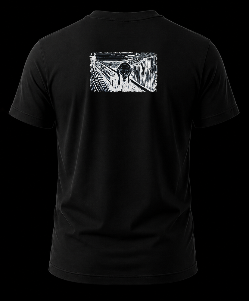 edvard munch the scream 1.2 Vista trasera de playera negra con boceto en xilografía monocromática de El Grito estampado en la nuca.
