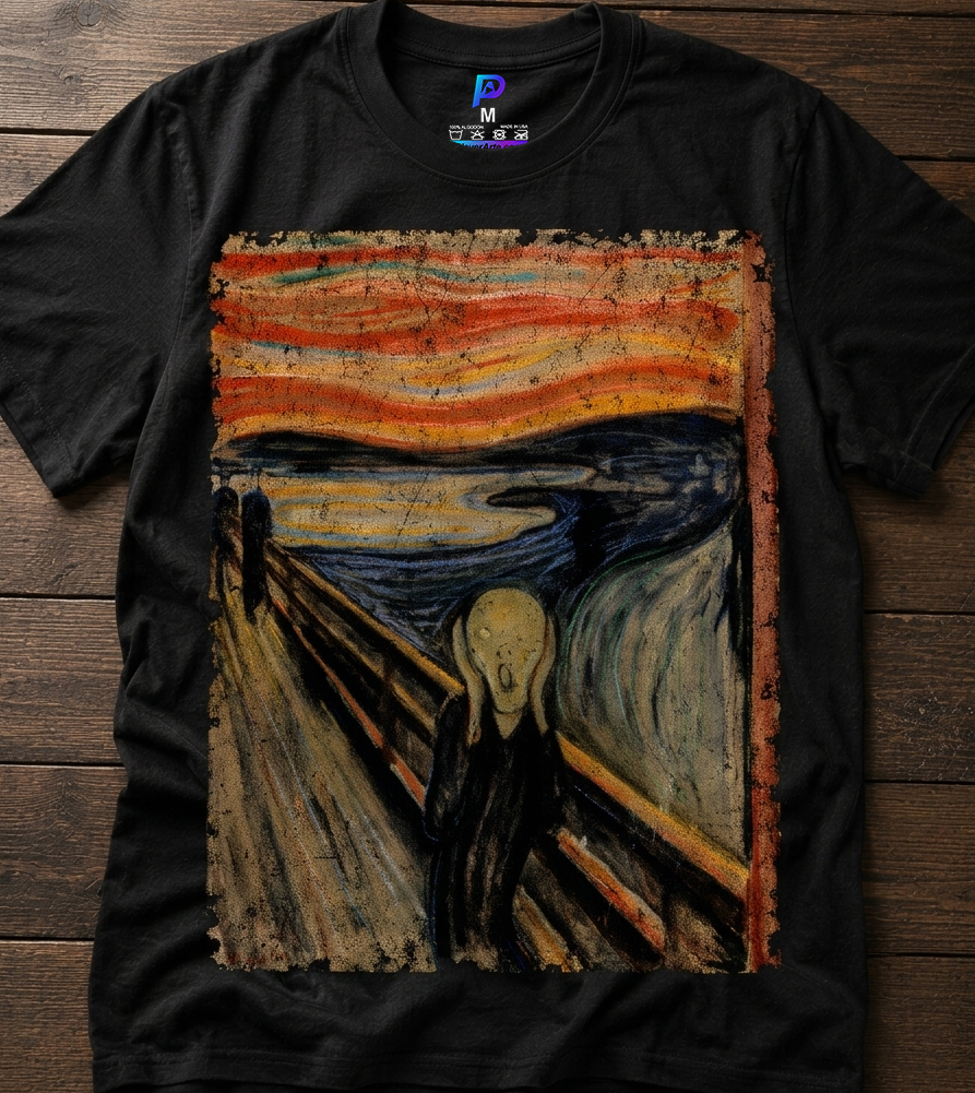 edvard munch the scream 1.3 Playera negra Premium Soft Style 100% algodón con diseño Edvard Munch El Grito estampado en DTF de alta calidad. Fotografía realista del producto con impresión de alta definición sobre mesa de madera.