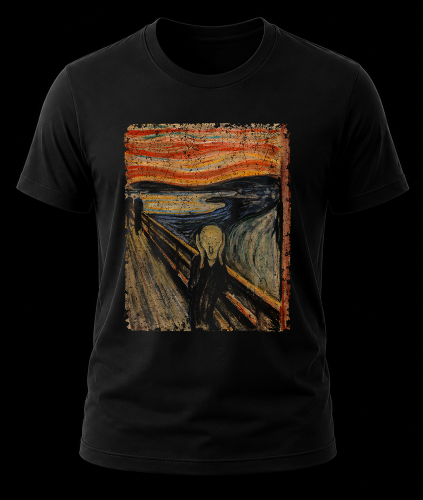 edvard munch the scream 1 Frente de playera negra con el estampado de la pintura El Grito de Edvard Munch con borde vintage.