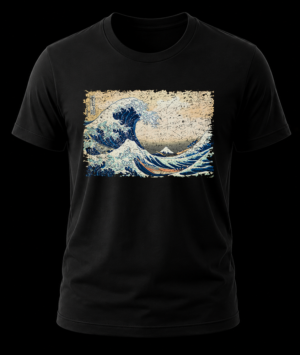 Frente de playera negra con el grabado tradicional de La Gran Ola de Kanagawa de Hokusai.