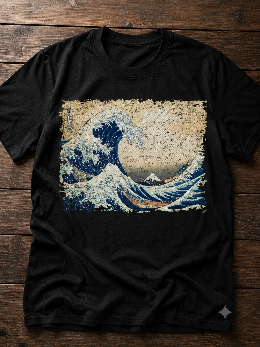 gran ola de kanagawa 1.3 Playera negra Premium Soft Style 100% algodón con estampado DTF de Gran ola de Kanagawa fotografía realista de producto con impresión de alta definición y acabado profesional.