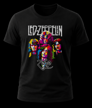 Frente de playera negra de Led Zeppelin con diseño pop art multicolor de los rostros de los integrantes y logos en blanco.