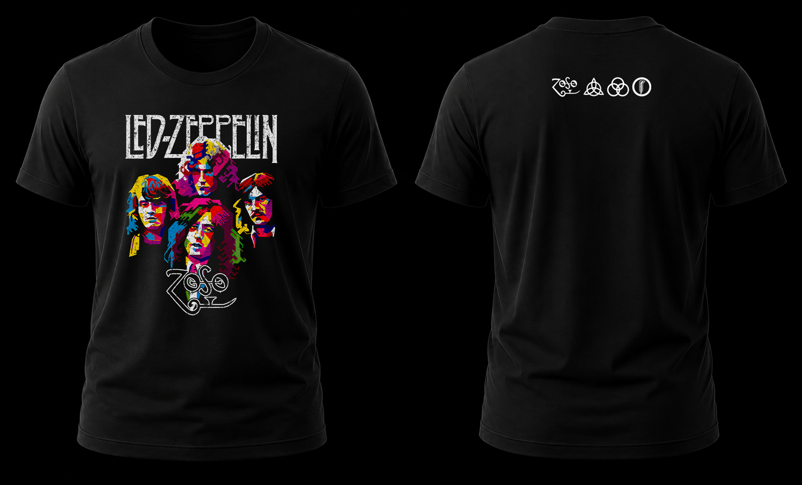 led seppelin faces 1.1 Vista conjunta frontal y trasera de la playera de Led Zeppelin rostros con estilo pop art al frente y los cuatro símbolos rúnicos atrás.