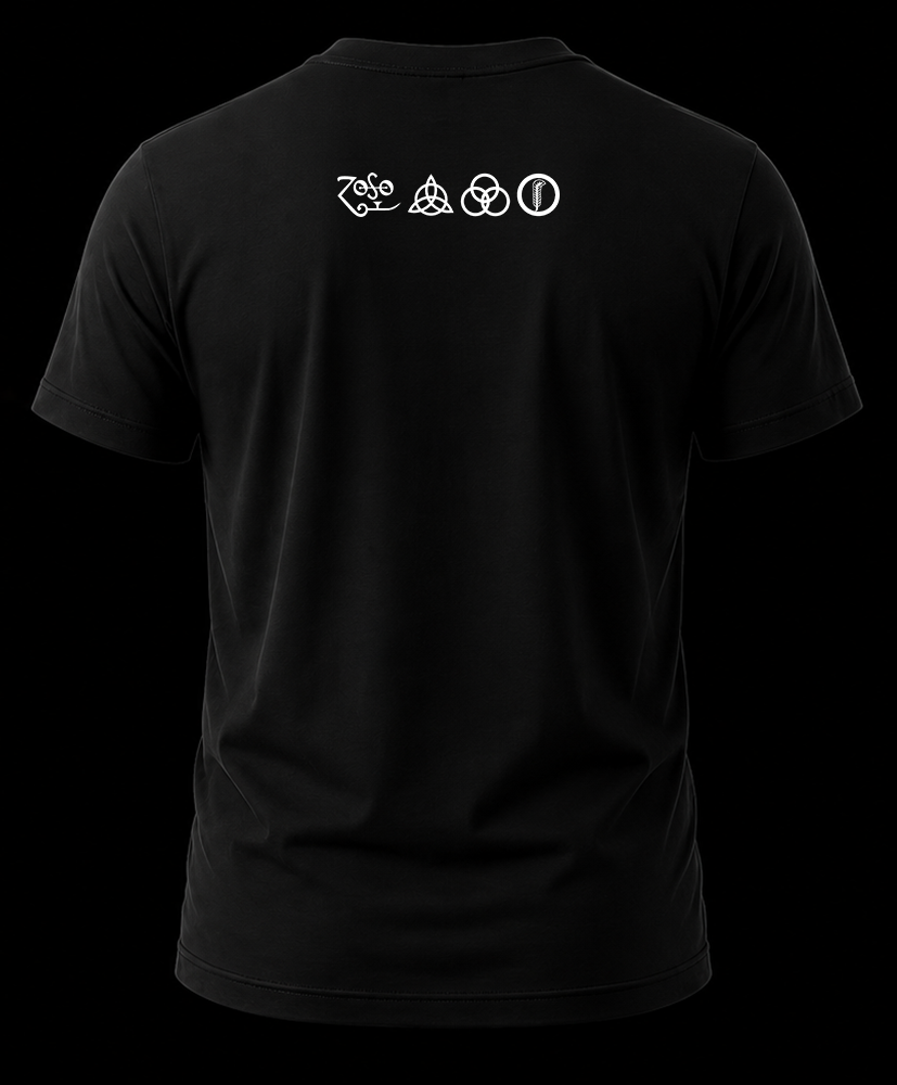 led seppelin faces 1.2 Vista trasera de playera negra de Led Zeppelin con la alineación horizontal de los cuatro símbolos en color blanco en la nuca.
