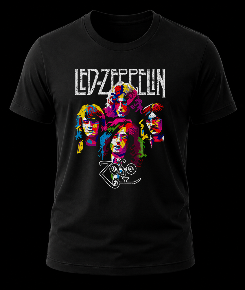 led seppelin faces 1 Frente de playera negra de Led Zeppelin con diseño pop art multicolor de los rostros de los integrantes y logos en blanco.