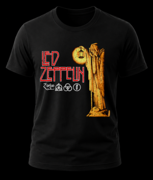 Frente de playera negra de Led Zeppelin con el diseño místico del ermitaño sosteniendo la linterna, el logo rojo y los cuatro símbolos.
