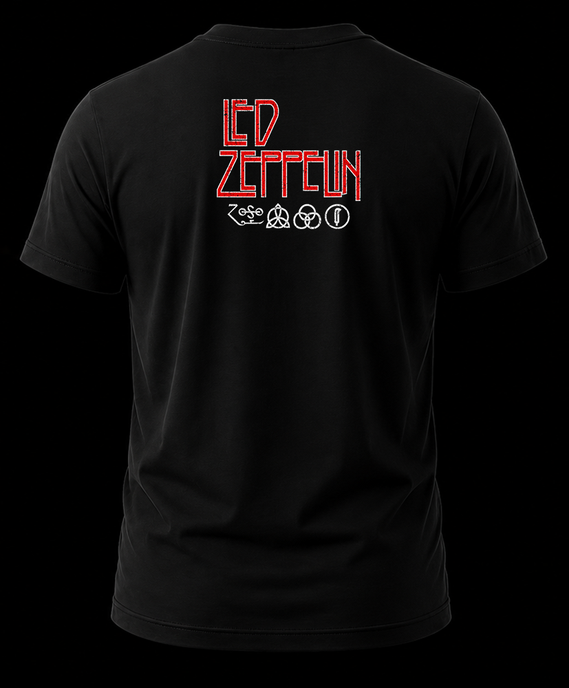 led zeppelin hermit 1.2 Vista trasera de playera negra de Led Zeppelin con el logotipo rojo de la banda y los cuatro símbolos impresos en blanco en la nuca.