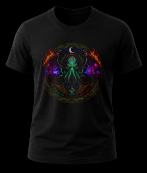 Playera negra con estampado de call of Cthulhu de lovecraft en colores vivos
