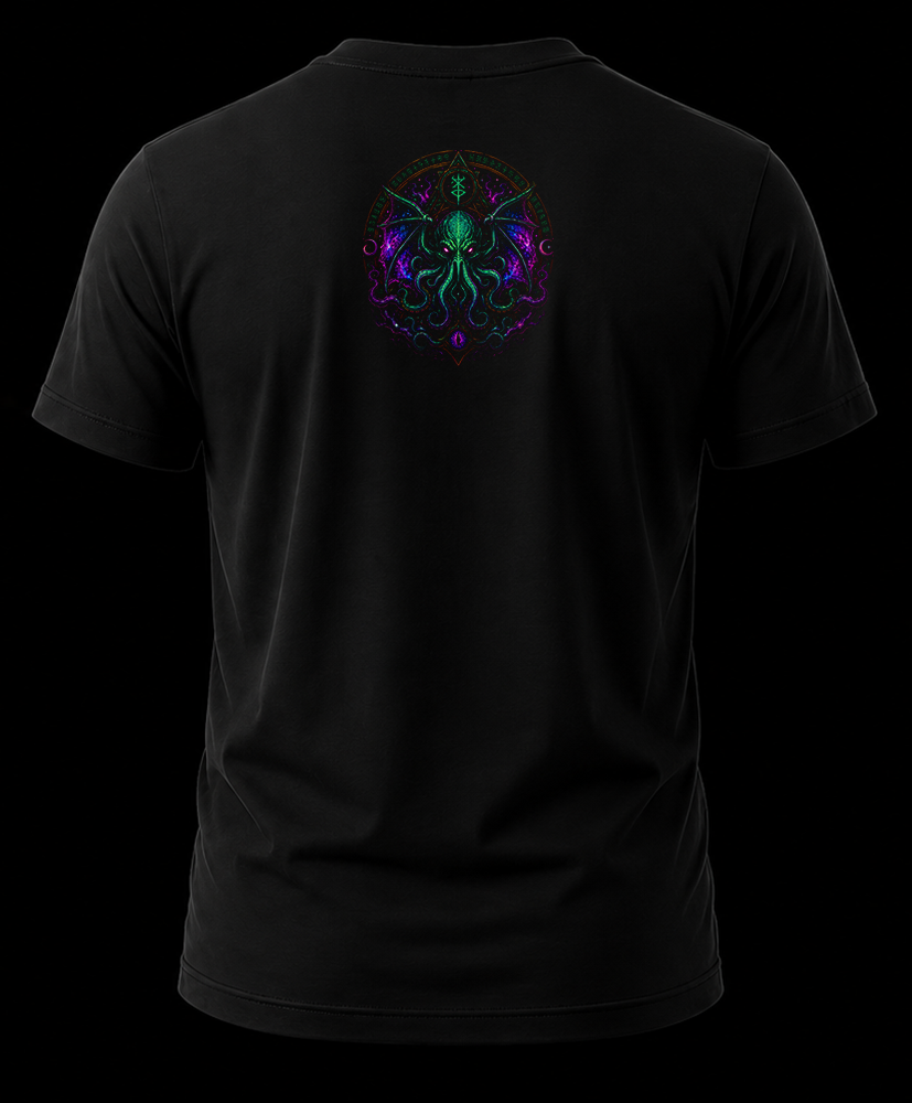 lovecraft cthulhu 1.2 Playera negra por detras con estampado de the call of Cthulhu de la mitologia de Lovecraft