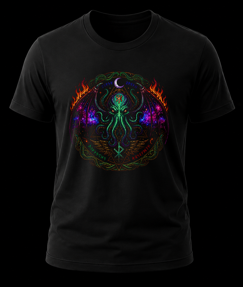 lovecraft cthulhu 1 Playera negra con estampado de call of Cthulhu de lovecraft en colores vivos