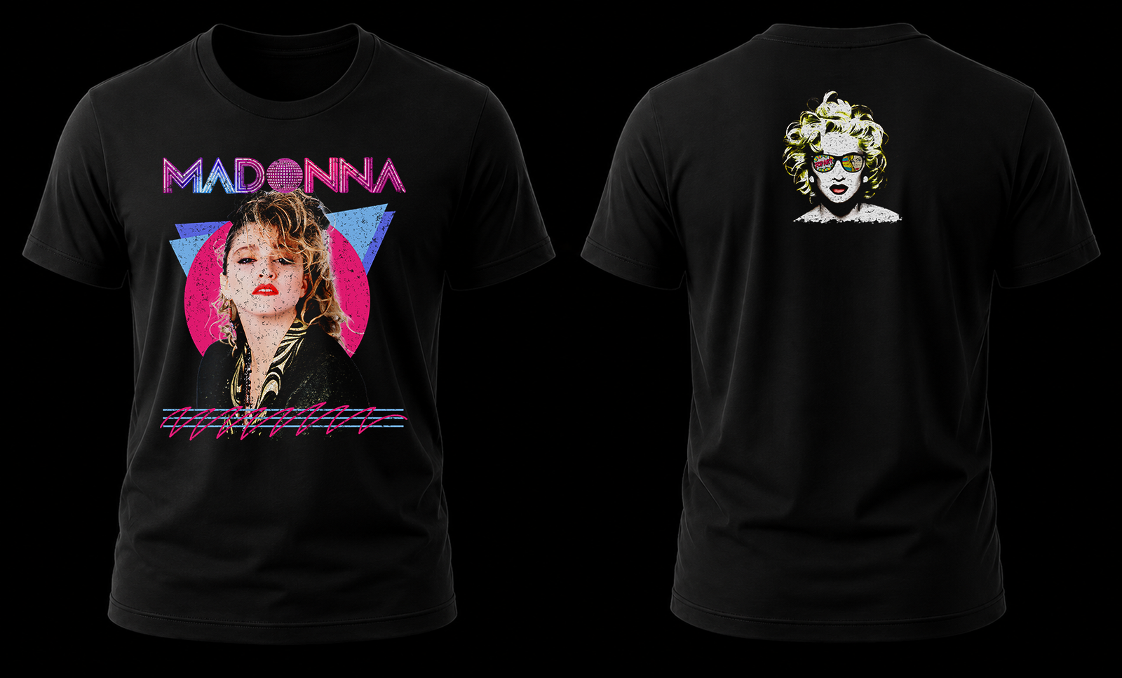 madonna 80s 1.1 Vista conjunta frontal y trasera de la playera de Madonna Retro 80s con el diseño neón al frente y el retrato stencil de lentes oscuros atrás.