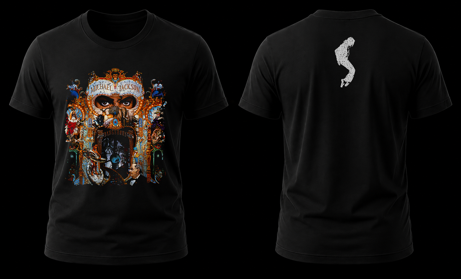 michael jackson dangerous 1.1 Vista conjunta frontal y trasera de la playera de Michael Jackson Dangerous con el arte del álbum al frente y su clásica silueta de puntillas atrás.