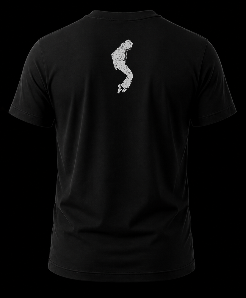 michael jackson dangerous 1.2 Vista trasera de playera negra de Michael Jackson con la silueta texturizada en blanco de su pose de puntillas en la nuca.