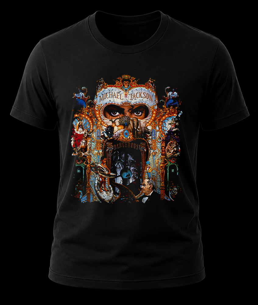 michael jackson dangerous 1 Frente de playera negra de Michael Jackson con el diseño detallado y colorido de la portada del álbum Dangerous.