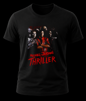 Frente de playera negra de Michael Jackson con el diseño de Thriller mostrando al artista en chamarra roja rodeado de zombies y el logotipo oficial abajo.