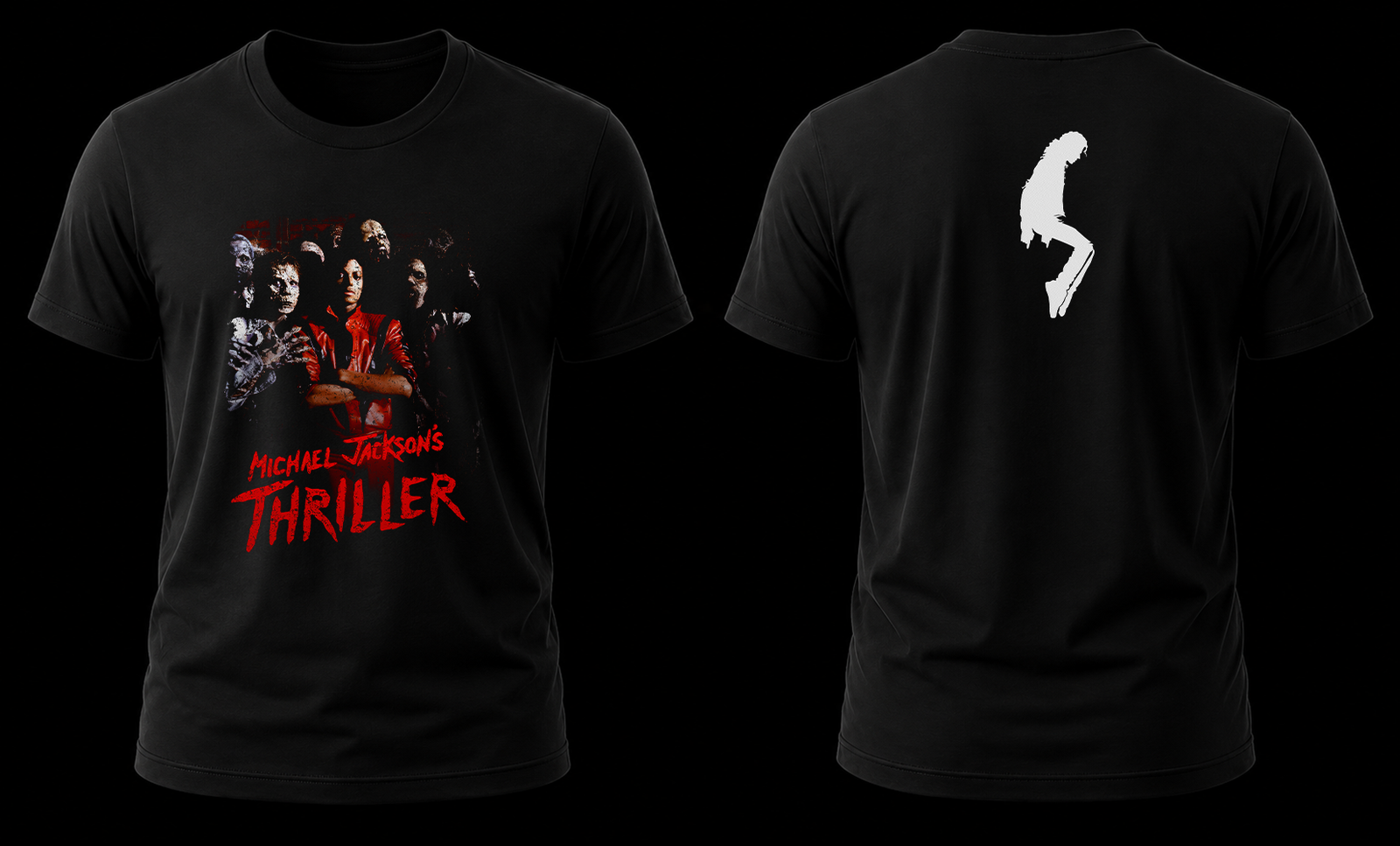 michael jackson thriller 1.1 Vista conjunta frontal y trasera de la playera de Michael Jackson Thriller con el diseño de zombies al frente y la clásica silueta de puntillas atrás.