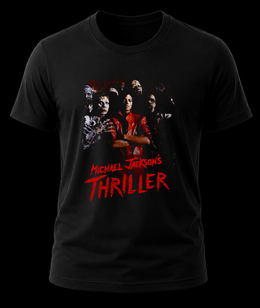michael jackson thriller 1 Frente de playera negra de Michael Jackson con el diseño de Thriller mostrando al artista en chamarra roja rodeado de zombies y el logotipo oficial abajo.
