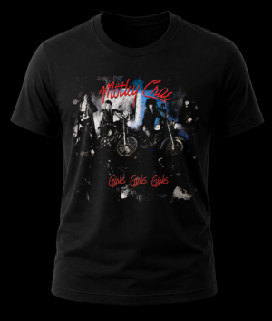 Frente de playera negra de Mötley Crüe con el arte del álbum Girls Girls Girls de 1987 y letras en rojo neón.