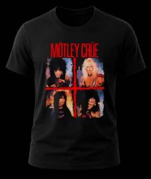 Frente de playera negra de Mötley Crüe con las fotos en cuadrícula del álbum Shout At The Devil y logo rojo.