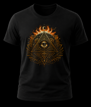 Playera negra con estampado del ojo illuminati en dorado con fuejo por encima y runas vikingas
