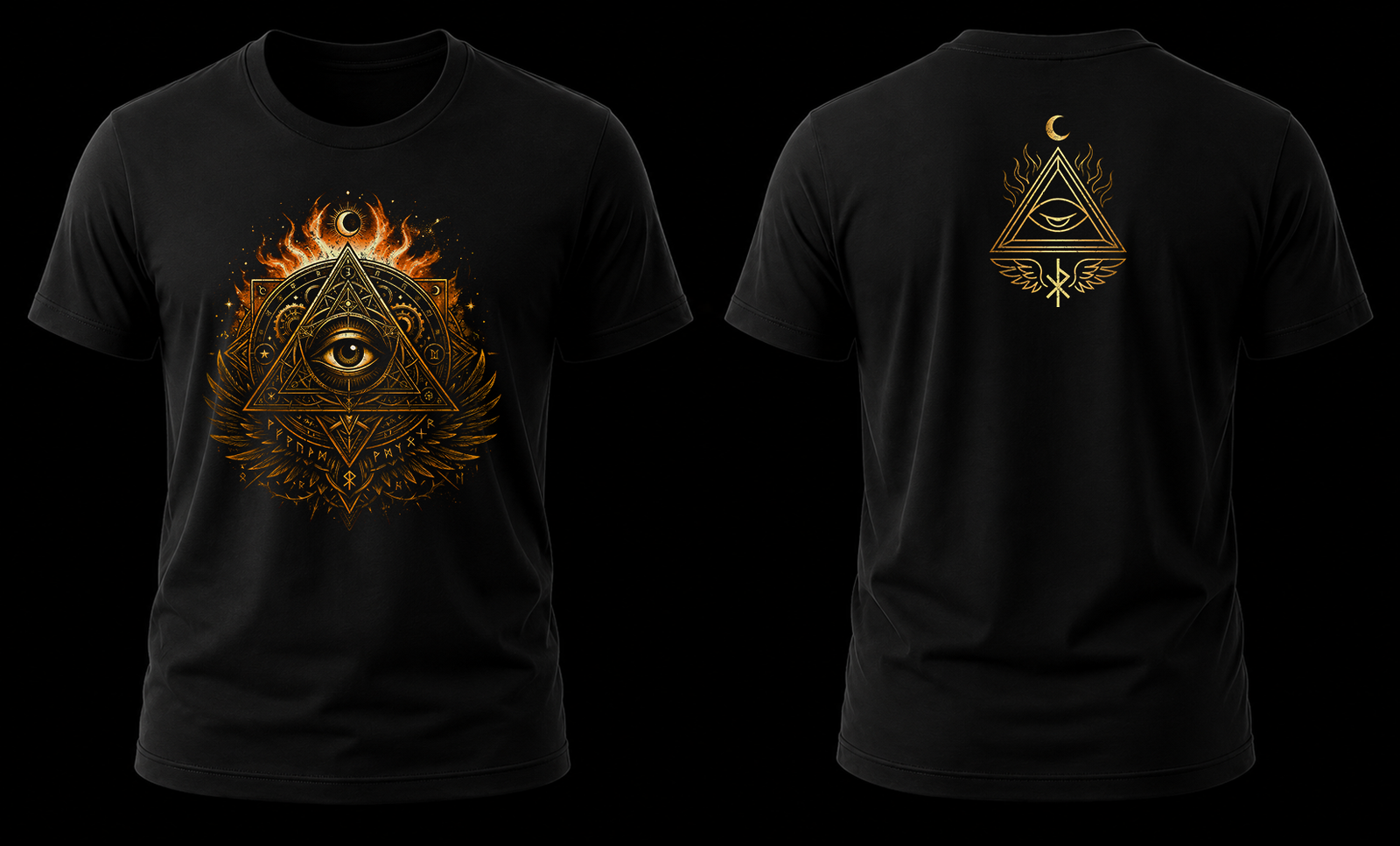ojo illuminati 1.1 Playera negra por enfrente y por detras con estampado en dorado de la piramide con el ojo illuminati y runas vikingas