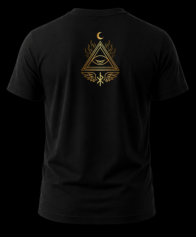 ojo illuminati 1.2 Playera negra de espaldas con un detalle de la piramide con el ojo illuminati cerrado, y una runa vikinga con alas