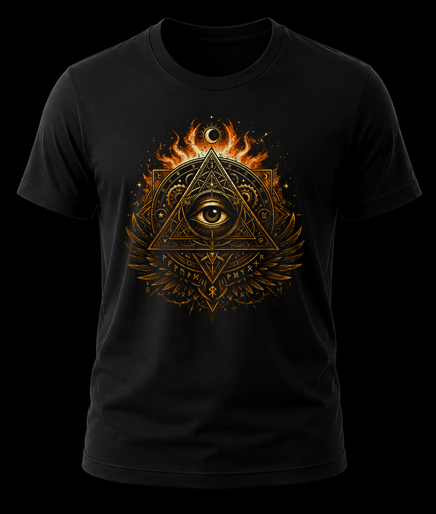 ojo illuminati 1 Playera negra con estampado del ojo illuminati en dorado con fuejo por encima y runas vikingas