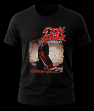 Frente de playera negra de Ozzy Osbourne con la portada del álbum Blizzard Of Ozz y logo rojo desgastado.