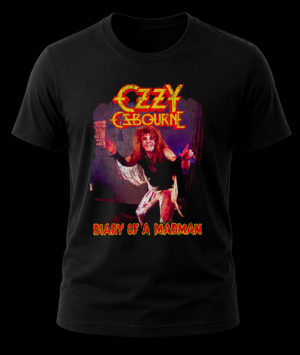 Frente de playera negra de Ozzy Osbourne con el arte del álbum Diary of a Madman y logo amarillo texturizado.