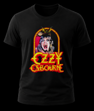 Frente de playera negra de Ozzy Osbourne con el arte del álbum Speak Of The Devil y logo amarillo chorreante.